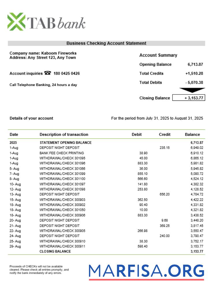 Downloadable TAB organization checking account statement Word and PDF format download for verification